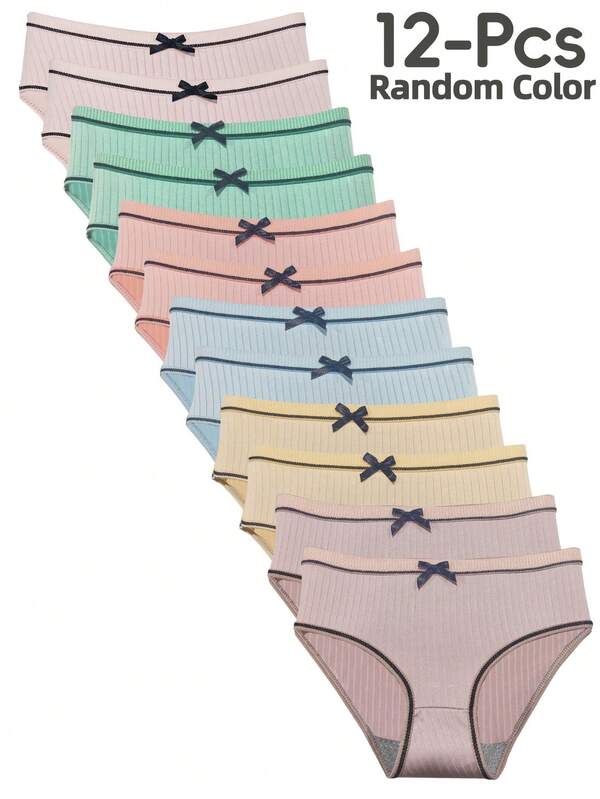 12pcs Women's Lightweight Breathable Polyester Stretch Panties, Fashion Bow Decor, Campus Style, Soft & Comfortable Triangular Briefs For Young Ladies, Spring/Summer