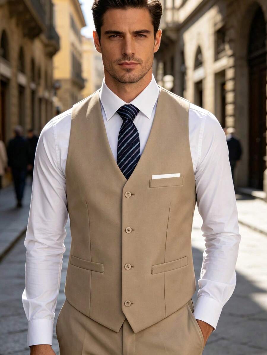 Vest For Men Solid Formal Suit Waistcoat With Wide Pockets For Business Wedding Party Outfit To Match Men Suits - Champagne - View 1