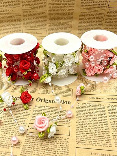 Pink Rose Pearl Leaf Beaded Garland Ribbon, Suitable For Wedding, Party, Home Decor, DIY Accessories, Gift Wrapping - 2m/78.7in
