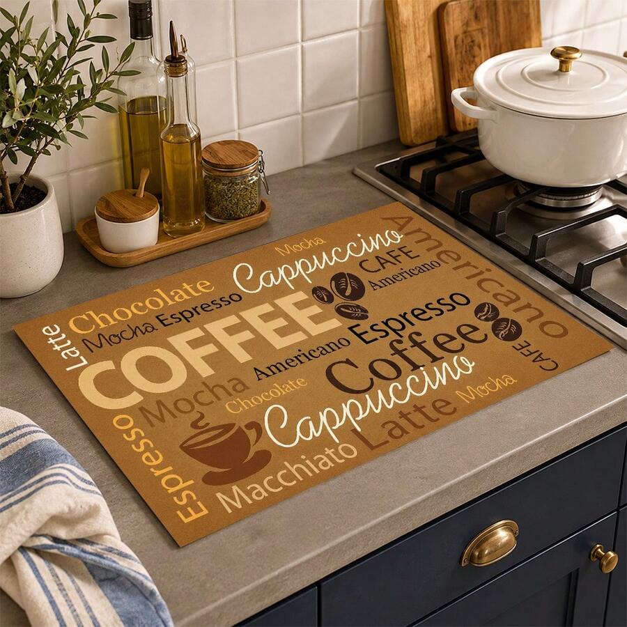 1pc Vintage Coffee English Text Pattern Diatomaceous Earth Kitchen Drain Mat, Quick-Drying Non-Slip Coffee Machine Mat And Dish Drying Pad, Suitable For Kitchen Countertop And Holiday Home Decor - Multicolor - View 1