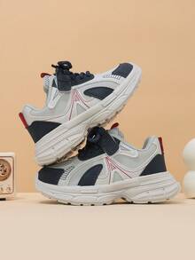 Sepatu Sneakers Chunky Anak-Anak Warna Abu-abu Muda, Biru Tua, dan Merah dengan Desain Blok Warna dan Perekat, Sepatu Anak-Anak Minimalis Cocok untuk Perjalanan Sepanjang Musim dan Pemakaian Sehari-hari - Navy Blue - View 7