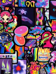 50Pcs Rainbow Neon Stickers, Surreal Weird Hypnotic Aesthetic Decals, Black Border Cat Skull Vinyl Decals Fit Vision Board, Journal Laptop Tablet - Multicolor - View 2