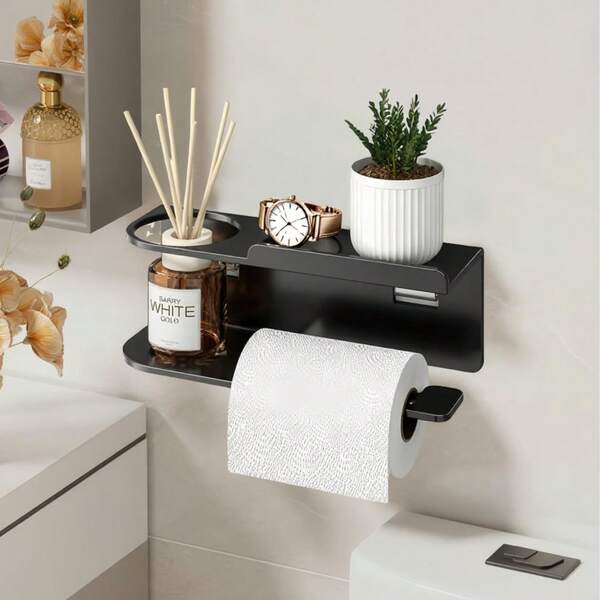Rust-Proof Metal Wall-Mounted Toilet Paper Holder With Multi-Function Storage Shelf And Round Slot, Bathroom Toilet Paper Accessory Rack Suitable For Storing Plants And Aromatherapy Diffusers