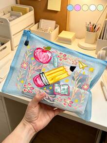 Mesh Zipper Makeup Bag,Apple Pencil Book Print,Back To School Mesh Storage Bag,Portable Zipper Stationery Pouch,Large Capacity Cosmetic Bag,Transparent Pen Bag,School Supplies Storage,For School Office Travel,Gifts For Teachers And Students - Multicolor - View 4