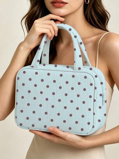 Korean Niche Design Polka Dot Makeup Bag, Lightweight Portable Handheld Travel Cosmetic Storage Bag, Fresh Daily Storage Bag, Compact Style, Corduroy Material, Polka Dot Print Decoration, Top Handle Tote Bag, Minimalist Casual Large Capacity Commuter Bag, Fashion Polka Dot Shoulder Handbag, Suitable For Daily Wear