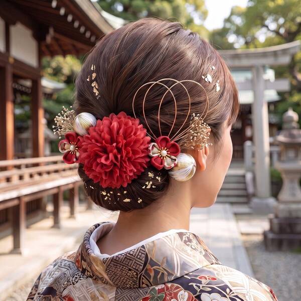 Elegant Red Hair Accessory Set, Suitable For Coming-Of-Age Ceremony And Graduation (Water-Inspired Hair Accessories)