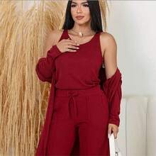 Women's 3-Piece Casual Set, Comfortable And Stylish, Suitable For Everyday Wear At Home, Street, Office, Airport, Garden, And Autumn/Winter. - 酒紅色 - 查看 4