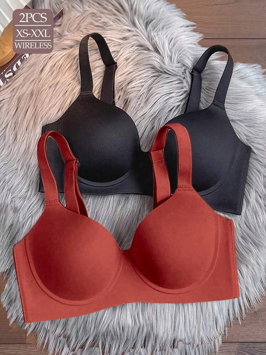 2pcs Seamless Lift & Support Wireless Bra, Breathable Elegant Daily Wear Bra For Large Bust - Multicolor - View 1