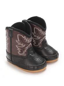 American Maple Leaf Embroidered Denim Infant Ankle Boots, Unisex Infant Autumn/Winter Vintage Patchwork Soft Sole Outdoor Walking Shoes - Black - View 1