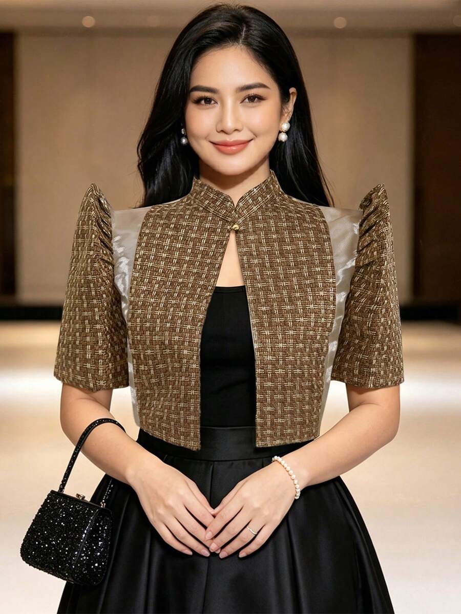 菲律賓風格女款極簡優雅泡泡短袖上衣 - 棕色 - 查看 1