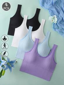 Women's Seamless Wire-Free Sports Bra With Removable Padding, Solid Color Knit, Summer Sports Support Bra - Multicolor - View 1