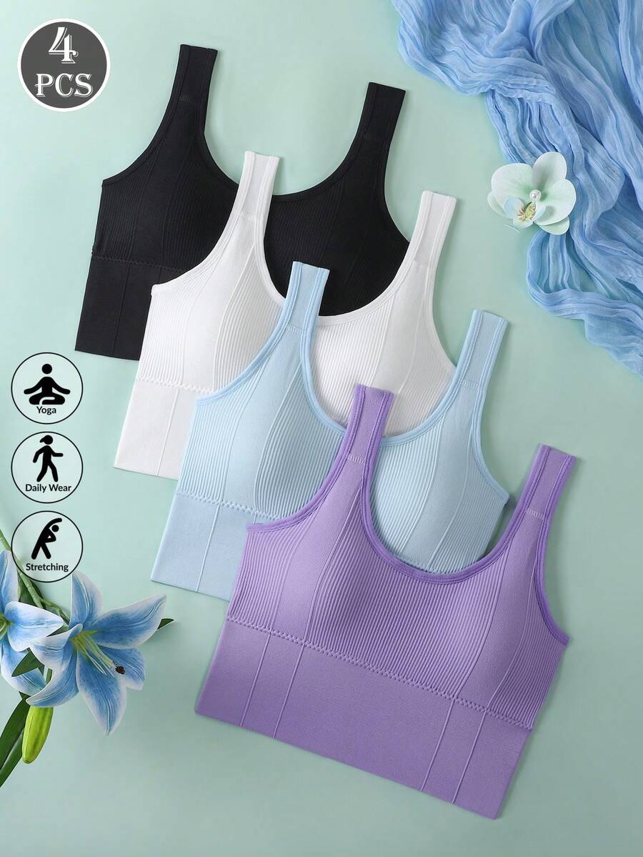 Women's Seamless Wire-Free Sports Bra With Removable Padding, Solid Color Knit, Summer Sports Support Bra - Multicolor - View 1