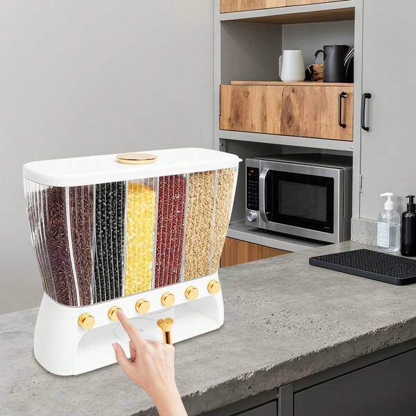 Dry Food Dispenser ,6 Grid Beans Dispenser,Rice Dispenser Kitchen Storage With Measuring Cup