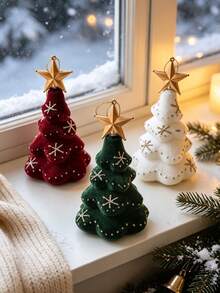 1PC Cozy Vintage Velvet Flocked Mini Christmas Tree Shaped Tabletop Figurine, Gold Star Topper Glitter Snowflake Detail Hanging Tree Decor, Festive Desktop Craft Ornament Pendant For Christmas Xmas Dinner Table Mantle Winter Room - Multiple Styles - View 2
