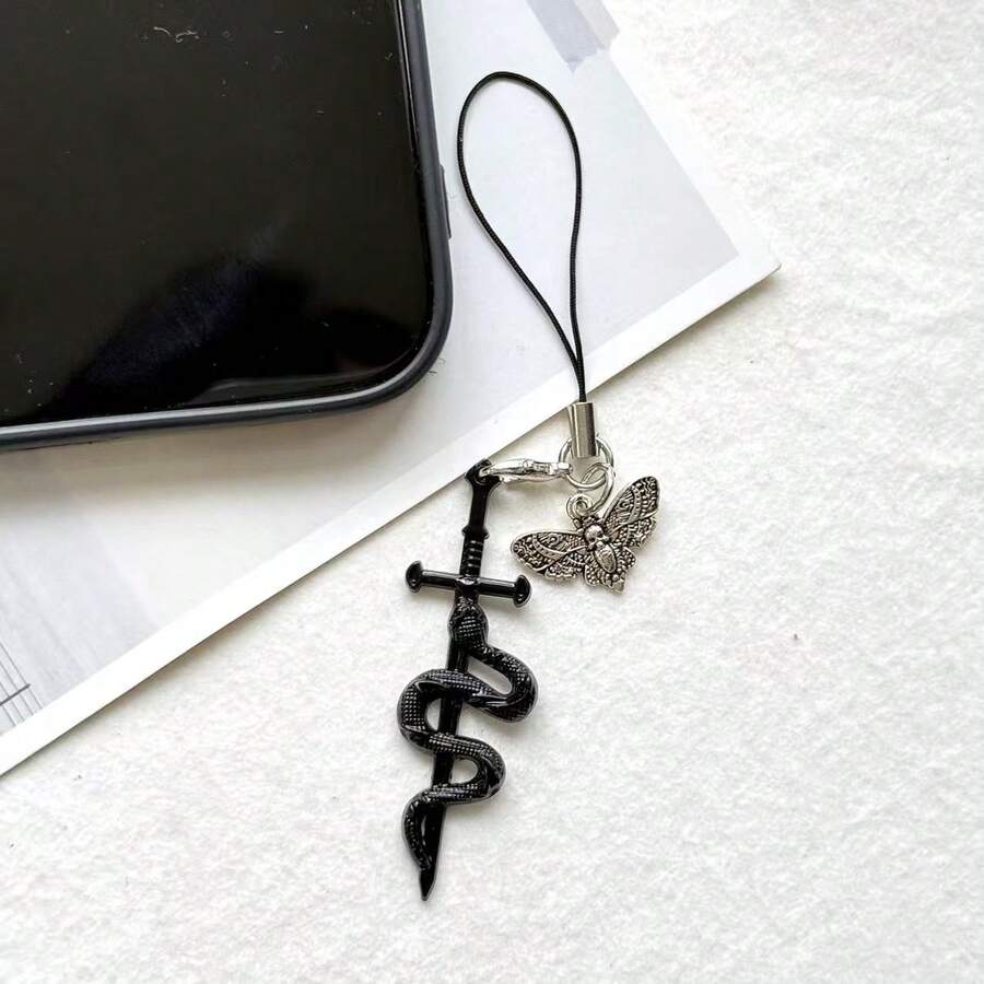 1pc Halloween Gothic Vintage Moth Snake Wrap Cross Phone Chain Decoration, Party Favor Small Gift