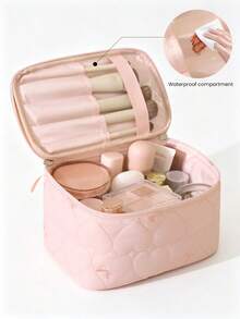 Large-Capacity Cosmetic Bag,Multi-Compartment,Lightweight Quilted Makeup Bag Organized For Toiletries,Cosmetics,Makeup Brushes,Skincare,Medication,Etc,Bow Embroidery Sweet Style Multifunctional Storage Bag For Gift,For Home,Travel,Vacation,School Use - Multicolor - View 5