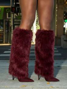 Furry Fluffy Knee High Boots For Women Faux Fur Winter Snow Boots Pointed Toe Stiletto High Heels Sexy Warm Shoes Christmas Party - 酒紅色絨面革 - 查看 5