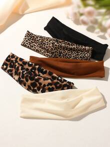 5PCS Vintage Leopard Print + Solid Color Wide Headbands, American Street Style Hot Girl Commute, Yoga Versatile Hair Accessories - Multicolor - View 3