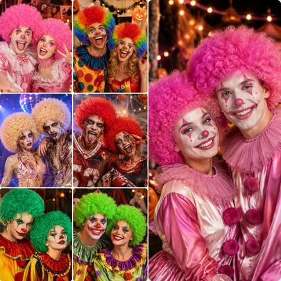 Multicolor Fluffy Afro Clown Wig Collection Unisex, Synthetic Round Voluminous Curly Hair Wig, Couple & Best Friend Cosplay Matching Style, Halloween Festival Party Dress Up Circus Performer Costume Accessory Hairstyle