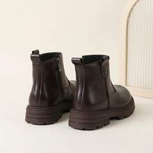 1 Pair 2026 New Children's Minimalist Solid Color Ankle Boots, Side Zipper Thick Sole Design, Retro Versatile Style, Suitable For Daily Wear And School Outfits - Brown - View 5