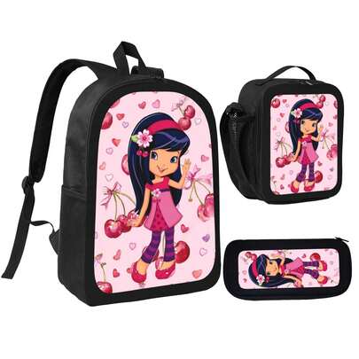 3Pcs Sweet Pink Cherry Cartoon Character Print Backpack Set, Soft Blush Pink Background Decorated With Glossy Red Cherries, Pink Ribbon Bows And Tiny Pastel Hearts, Insulated Lunch Bag & Portable Pencil Pouch,Ideal For Casual Daily Outings