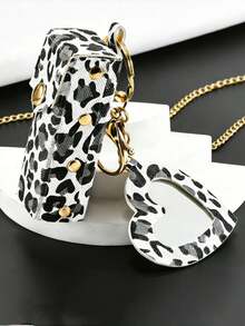 Leopard Print Lipstick Keychain, Portable Heart-Shaped Makeup Mirror Lipstick Pendant. Fashion Y2K Style. Suitable For Students, Office, Party, Travel, Gift - Multicolor - View 4
