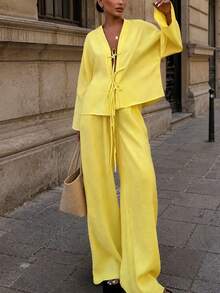 Marisole Women's Long Sleeve Front Buttoned Tie Top With Elastic Waist Straight Pants Two Pieces Set Drop Shoulder ,Elegant,Spring Summer Autumn Yellow - Yellow - View 3