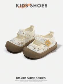 1 Pair Infant/Toddler Floral Flower Round Toe Low-Top Hook & Loop Flat Pastoral Style Casual Shoes For Daily Wear And Outings [Select By Actual Cm Inner Length] - Beige - View 3
