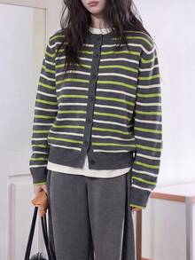 Women's Casual Minimalist Striped Design Round Neck Cardigan Knit Sweater Jacket, Autumn/Winter Fall - Grey - View 5