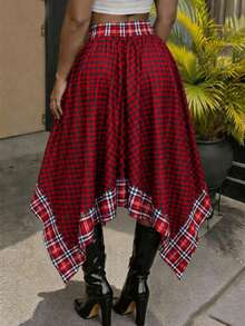 女款格紋拼接不對稱下擺繫腰裙 - 彩色 - 查看 2