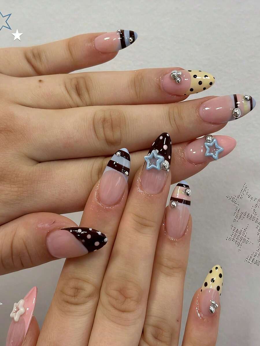 Set Of 24 Acrylic Press-On Nails Featuring Candy-Colored Striped Patterns, Openwork Pentagonal Hearts, And Rounded Silver Steel Beads-These Soothing False Nails Are Perfect For Dates, Outings, And Various Other Occasions. - Multicolor - View 1