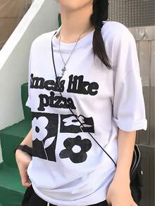 Women Black Loose Crew Neck Y2K Short Sleeve  Letter Print Versatile Summer Tee Fast Local Delivery - 白色 - 查看 5