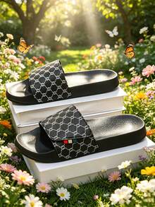 1 Pair Vintage Plaid Pattern Slip-On Slides, Soft Sole, Bouncy, Suitable For Indoor, Outdoor, Beach And Other Scenarios, Couple Style, Adjustable Hook And Loop - Black - View 4