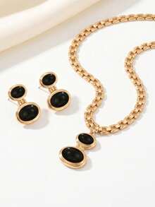 2pcs Minimalist Vintage Creative Wide Chain Geometric Oval Acrylic Pendant Necklace + Earrings Set, Women's Jewelry, Suitable For Daily, Holiday, Party Wear, Gift For Women - Golden Yellow+Black - View 2