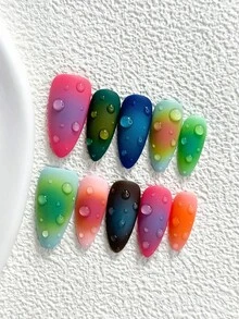 10件多巴胺風手工穿戴式美甲，Polygel美甲套組，水滴元素設計，綠色、粉色、藍色指甲油，活潑風格，附美甲工具，3種尺寸可選，杏仁形、鴨嘴形、棺材形，適合派對、跳舞、日常穿戴 - 彩色 - 查看 17