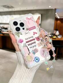 1pc Positive Energy English Quote Life Illustration Collage Pattern Flexible TPU Anti-Fingerprint Soft Material Cream Wavy Edge Full Coverage Phone Case With Transparent Flower Beaded Lanyard, Compatible With All Apple Phone Models, Artistic Daily Versatile Niche Style - Multicolor - View 5