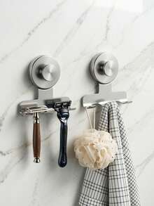 1pc Stainless Steel Heavy Duty Suction Cup Razor Holder, Suitable For Bathroom/Washroom Wall Mounting, With Removable Damage-Free Hook For Hanging Towels, Loofah, Etc. - Multicolor - View 2