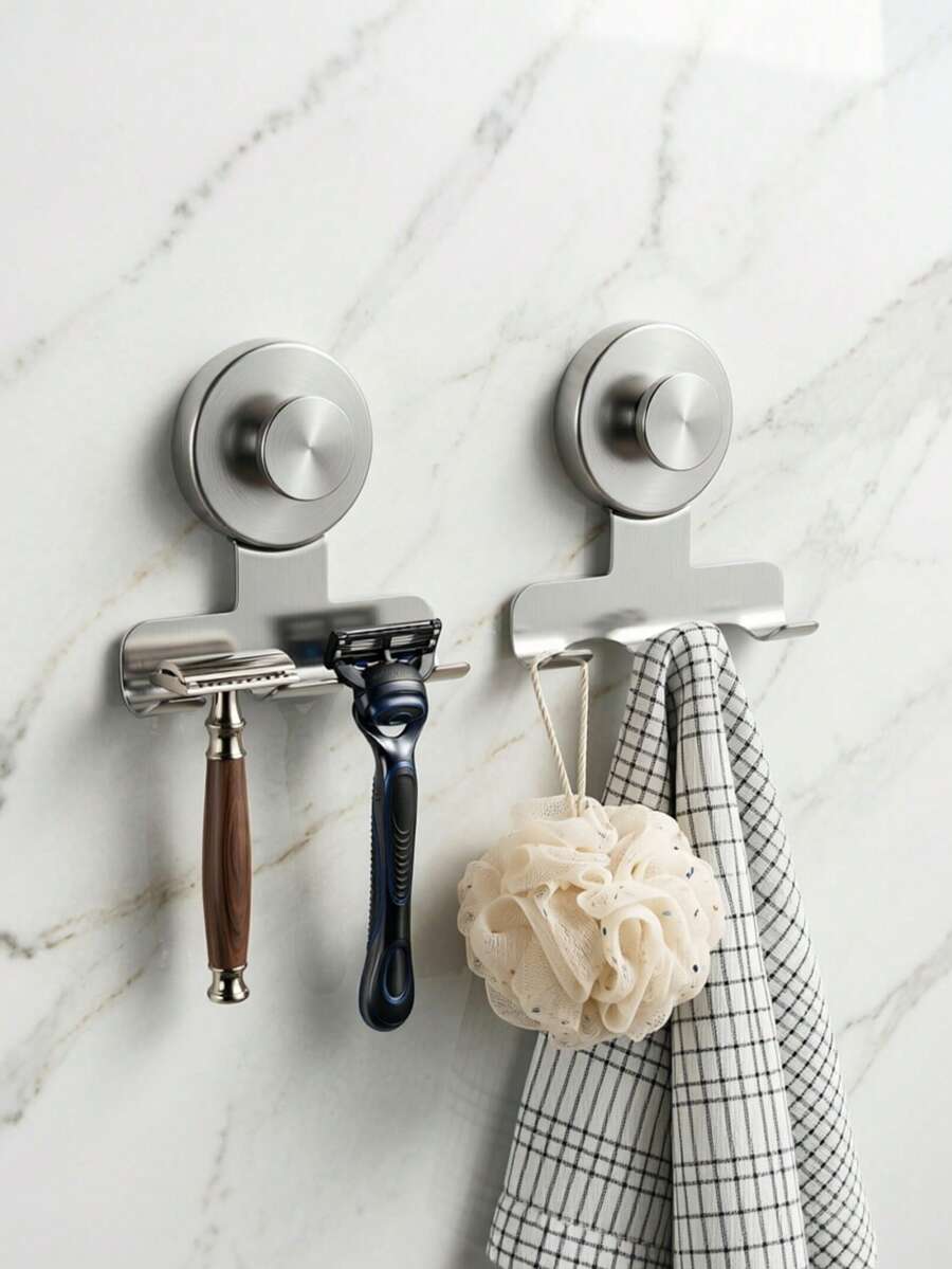 1pc Stainless Steel Heavy Duty Suction Cup Razor Holder, Suitable For Bathroom/Washroom Wall Mounting, With Removable Damage-Free Hook For Hanging Towels, Loofah, Etc.