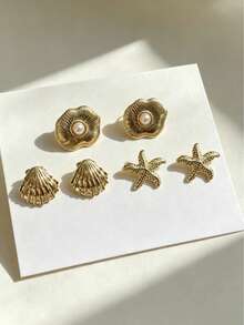 French Ins Style College Girl Gentle Soft Multi-Style Stud Earrings, Glossy Twisted Rope Wreath, Spiral Sun, Scallop, Polished Metal Texture, Daily Luxury Jewelry Comfortable For All-Day School Wear, Accessories Can Be Worn Individually Or Paired With Necklace, Bracelet, Pendant For Affordable Outfit, Suitable For Beach Vacation, Campus Daily, Wedding Banquet, Back To School Season Gift, Wedding Season Gift - Multicolor - View 5
