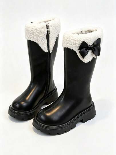 Thermal-Lined Fold-Over Mid-Calf Boots For Kids, Side Zipper Thermal-Lined Autumn/Winter Children's Riding Boots