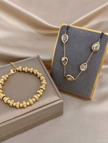 Conjunto de pulsera de cadena con cuentas de calabaza y gota de agua de concha de abalón minimalista, cadena de acero inoxidable apilable para mujer, regalo de joyería para cumpleaños, uso diario y fiestas - Multicolor - Ver 8