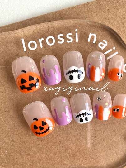 Unghie finte adesive con design Ognissanti zucca e fantasma gocciolante, arancione & viola, mostri cartoni animati carini, unghie corte quadrate, decorazione arte di unghie fatta a mano per cosplay festivo