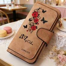 Rose & Butterfly Embroidered Women's Long Wallet Pink Faux Suede Clutch Purse With Wristlet Strap Zipper Card Holder Romantic Gift, Small Wallet - Multicolor - View 6