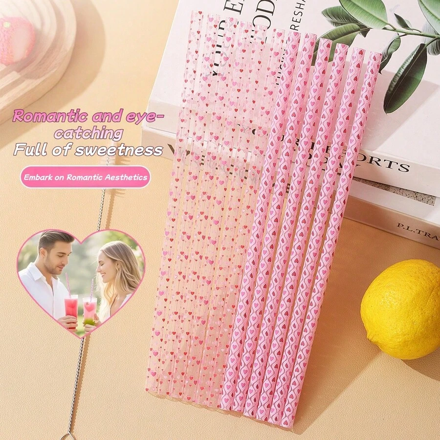 24pcs Reusable Fruit & Heart Print Straws, Assorted Patterns For Birthday Party Supplies, Birthday, Wedding, Bridal/Table Decor And Holiday Celebrations