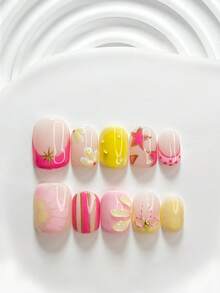 10片裝可愛韓系手工穿戴甲 Polygel 美甲套組，水滴設計，粉色與黃色指甲油，清新俏皮風，含美甲工具，3種尺寸可選：方形、短方形、杏仁形，適合派對、跳舞、日常配戴 - 彩色 - 查看 14