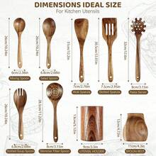 9-Piece Wooden Cooking Utensil Set - 9-Piece Natural Beech Wood Kitchen Tool Set, Wooden Spoon Set With Spoon Rack, Spoon Rest And Hooks, Wooden Spatula Set With 7 Metal Hooks - Brown - View 3