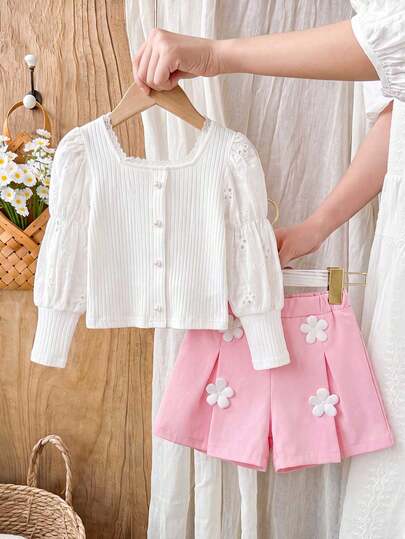 Young Girl Ruffle Collar Petal Sleeve Pearl Button Fashionable Top And 3D Floral Pleated Stylish Shorts Set