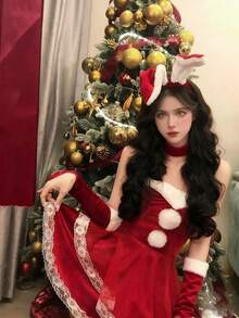 1套聖誕兔女郎裝扮 抹胸連身裙 + 披風 性感角色扮演服裝，適合聖誕派對 / 酒吧 / 化裝舞會 / 舞台表演 - 紅色 - 查看 8