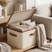 4Pcs 56L Large Foldable Storage Boxes – Fabric Clothes Baskets With Lids, Double Zipper & Faux Leather Handles - 查看 6