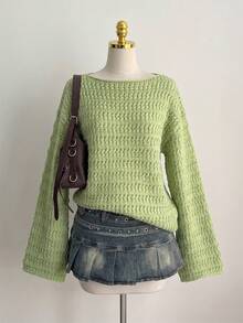 Women Boat Neck Crochet Knit Sweater, Big Flare Long Sleeve Loose Oversized Pullover, Fall Casual Textured Knit Top - Olive Green - View 5